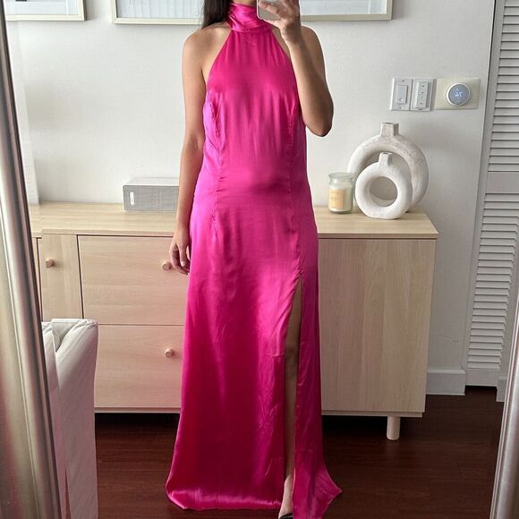 Marciano Guess 100% Silk Dress Womens 10 Maxi Gown Fuchsia Pink Halter Open Back - Picture 12 of 13